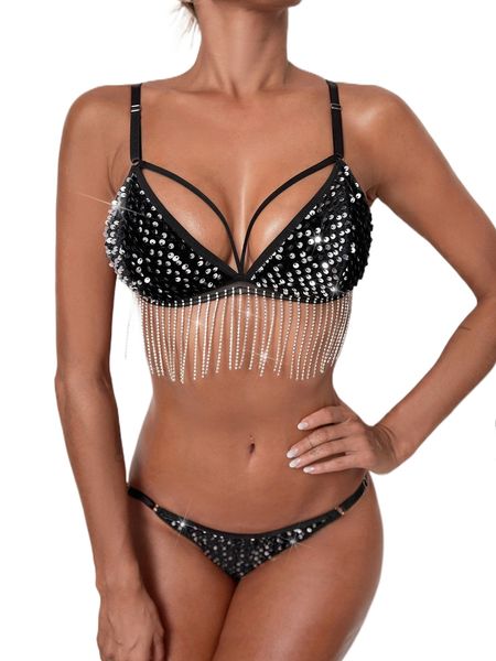 contrast sequins harness lingerie set k7rl#, Black;red
