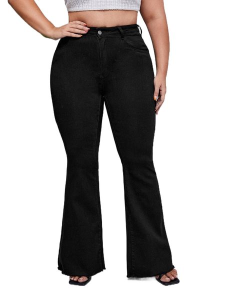 plus high waist raw cut flare leg jeans 99zr#, Blue 
plus high waist raw cut flare leg jeans 99zr#, Blue