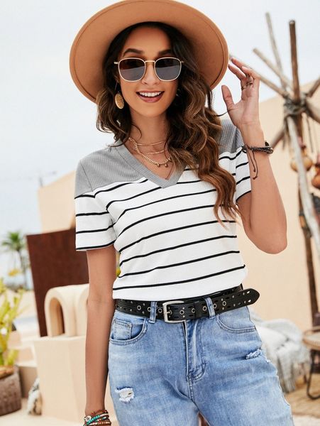 striped print v neck tee g8ym#, White
striped print v neck tee g8ym#, White