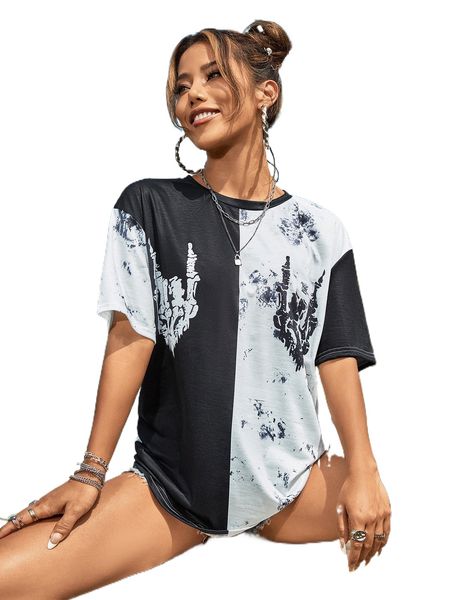 tie dye two tone skeleton hands print tee n11g#, White