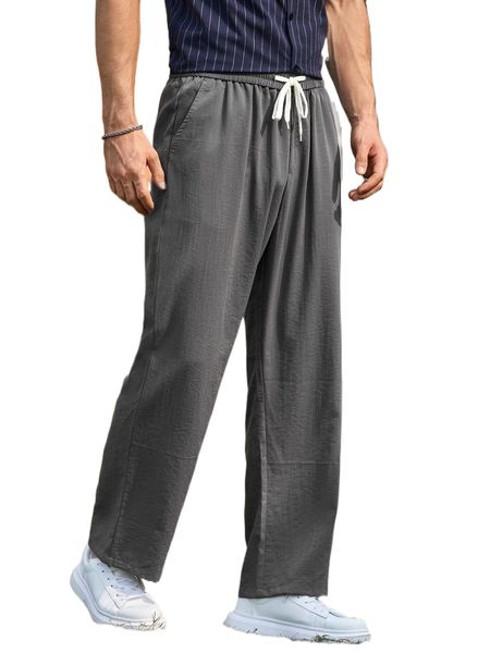 men solid drawstring waist pants v2i8#, Black