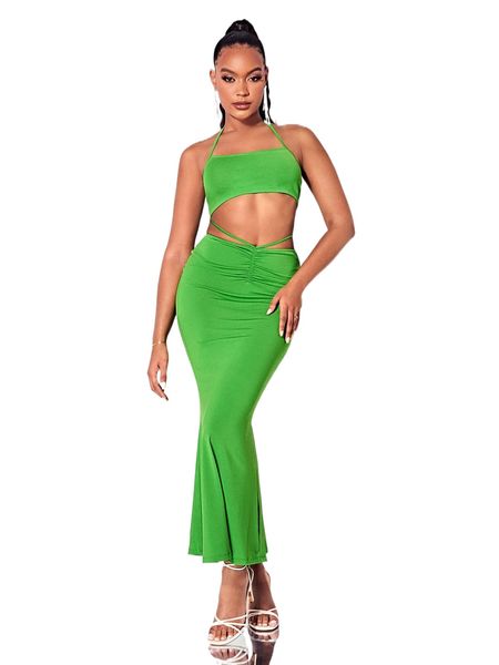 bae tie back crop halter & ruched skirt set e0go#, White