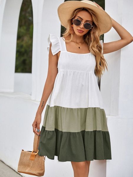 ruffle trim colorblock smock dress d9b3#, Black;gray
ruffle trim colorblock smock dress d9b3#, Black;gray