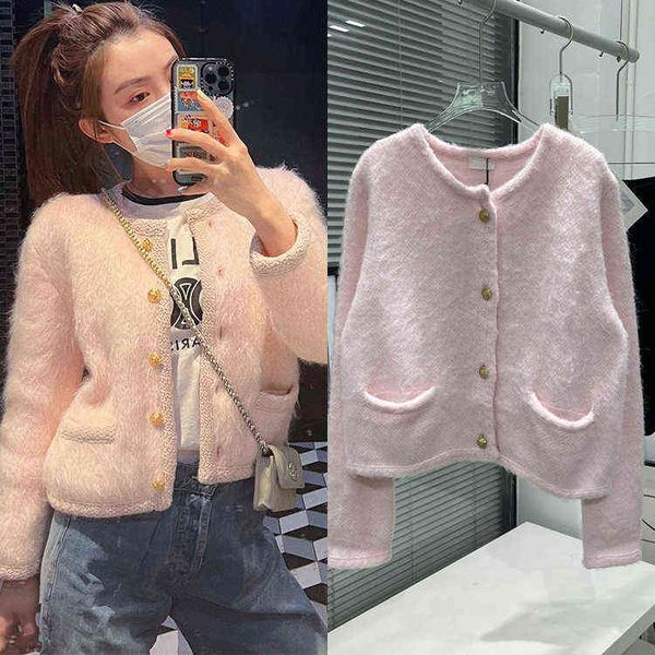 autumn tan songyun light pink gold button mohair round neck knitted cardigan women, White
autumn tan songyun light pink gold button mohair round neck knitted cardigan women, White