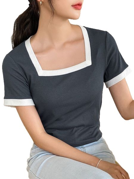 dazy contrast binding rib knit tee j6jo#, White