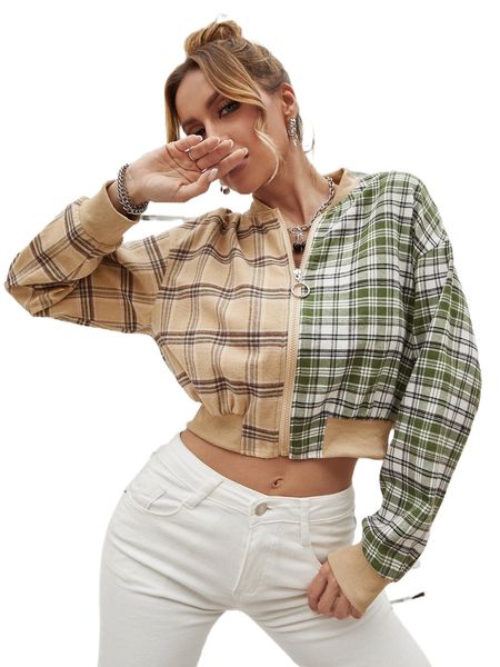 colorblock plaid print zip up crop bomber jacket j0ng#, Black;brown 
colorblock plaid print zip up crop bomber jacket j0ng#, Black;brown