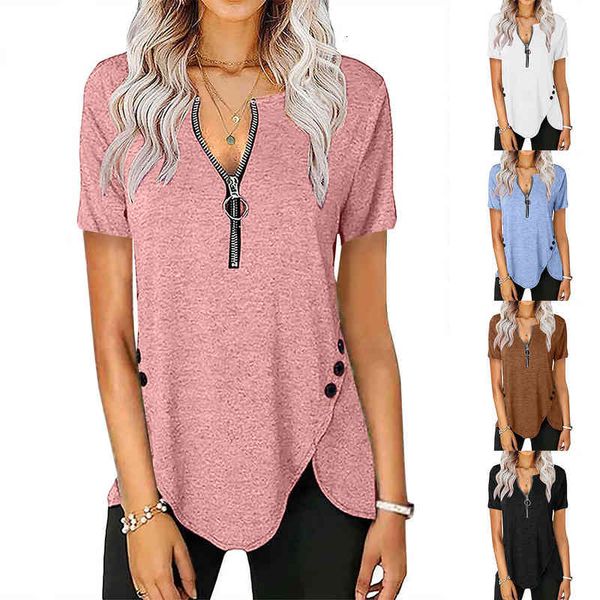 women's t-shirt 2022 women's casual short sleeve v-neck zipper button t-shirt 180x, White