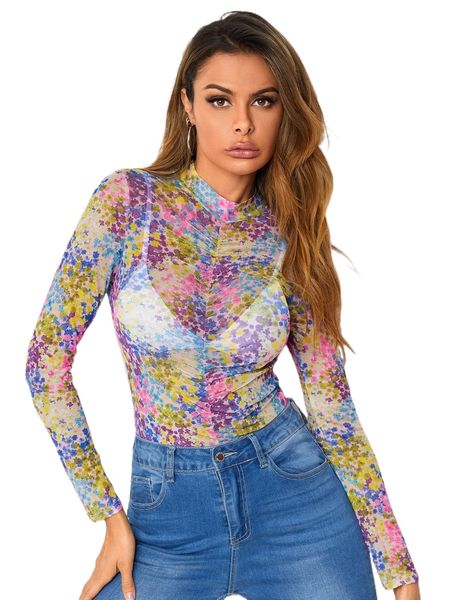 ditsy floral ruched mock neck mesh tee b9zu#, White 
ditsy floral ruched mock neck mesh tee b9zu#, White