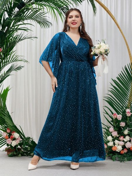 plus overlap collar flutter sleeve glitter formal dress h7xz#, Black 
plus overlap collar flutter sleeve glitter formal dress h7xz#, Black