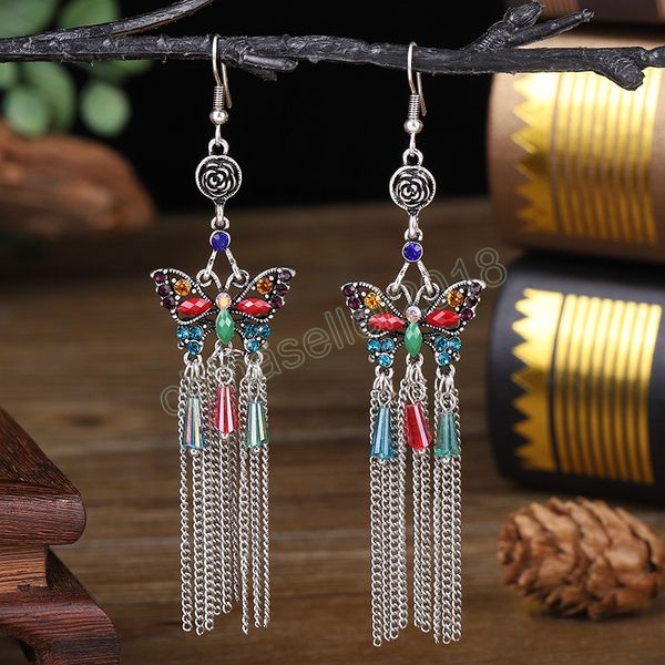 ethnic women's blue butterfly wings earrings femmes rhinestone metal chain tassel earrings palace jewelry, Silver 
ethnic women's blue butterfly wings earrings femmes rhinestone metal chain tassel earrings palace jewelry, Silver