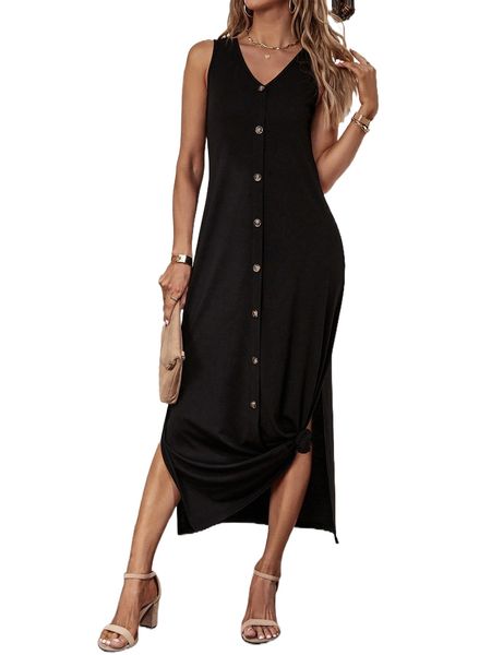 button front split hem tank dress p4cb#, Black;gray 
button front split hem tank dress p4cb#, Black;gray