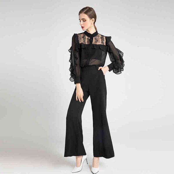 women's two piece pants perspective shirt pullover 2022 spring and summer style lotus leaf sleeve lace slim fitting trousers fashion su, White
women's two piece pants perspective shirt pullover 2022 spring and summer style lotus leaf sleeve lace slim fitting trousers fashion su, White