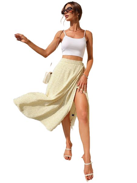 ditsy floral tie side wrap skirt v1bp#, Black