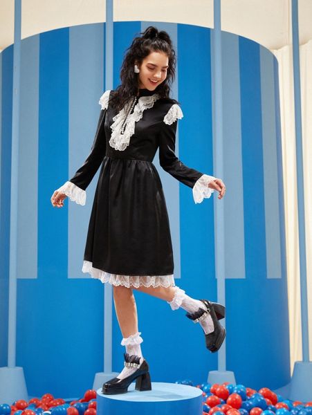 x lubna alhomsi lace panel ruffle trim flounce sleeve dress h47p#, Black;gray
x lubna alhomsi lace panel ruffle trim flounce sleeve dress h47p#, Black;gray