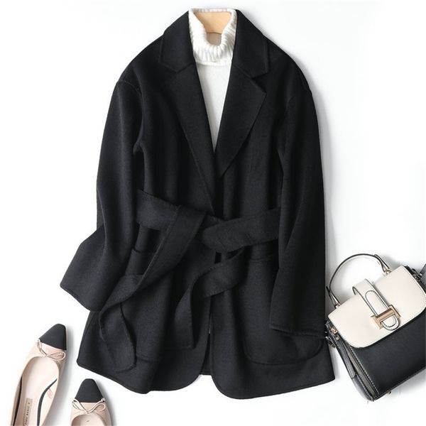 black color with belt double sided cashmere korean simple soft style woolen women's coat for winter 210416, Tan;black
black color with belt double sided cashmere korean simple soft style woolen women's coat for winter 210416, Tan;black