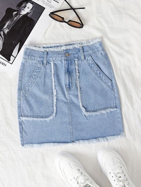 raw trim straight denim skirt 82zq#, Black