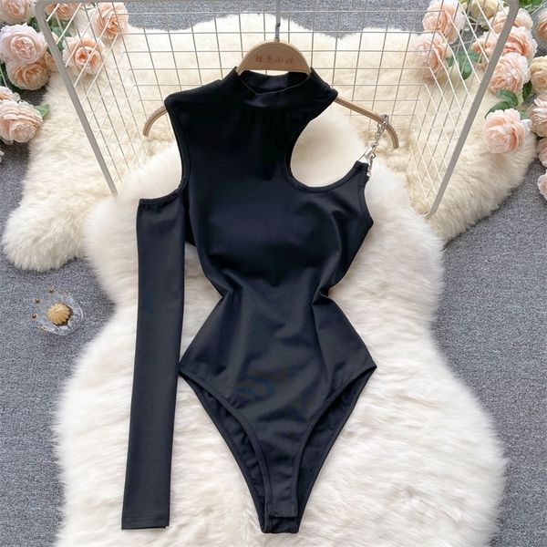 hollow out chain strap skinny bodysuits women fashion stand collar one sleeve bodycon jumpsuit club party body outfits 220506, Black;white 
hollow out chain strap skinny bodysuits women fashion stand collar one sleeve bodycon jumpsuit club party body outfits 220506, Black;white
