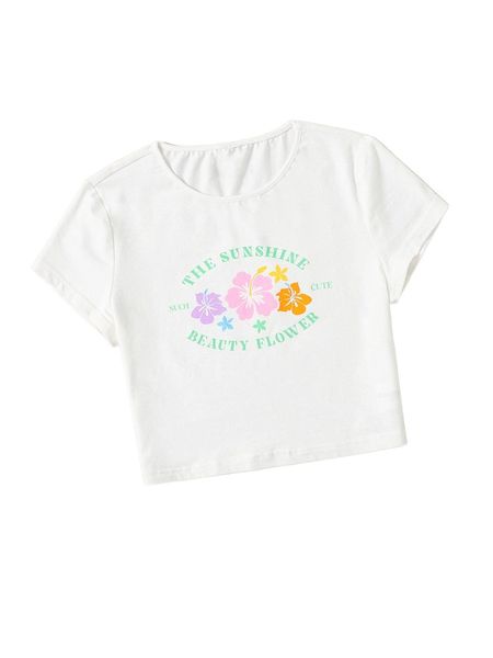 letter & floral print crop tee y2bw#, White 
letter & floral print crop tee y2bw#, White