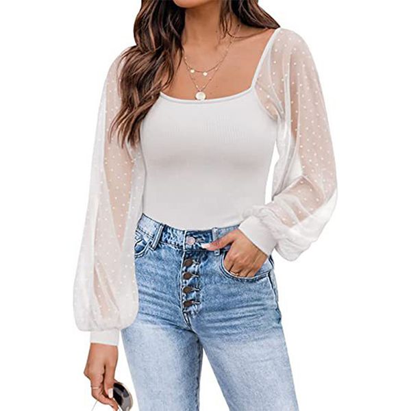 women blouses mesh see-through long sleeve casual shirts lantern sleeve patchwork top, White
women blouses mesh see-through long sleeve casual shirts lantern sleeve patchwork top, White