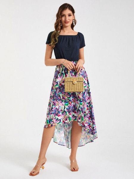 floral print high low hem dress 237n#, Black;gray