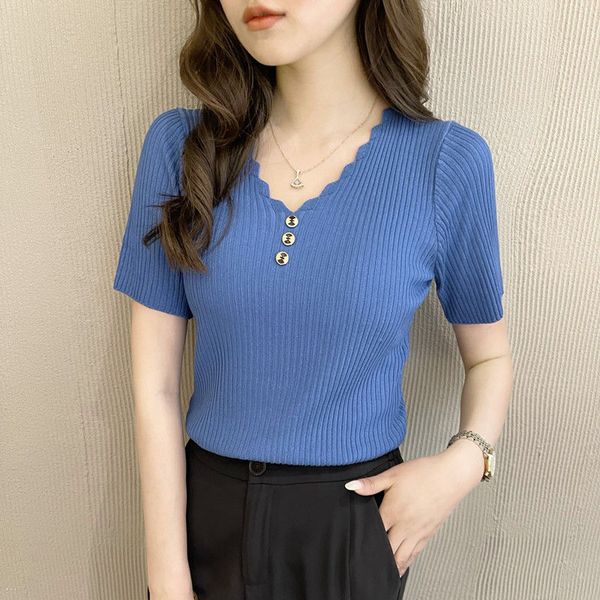 women's summer knitted short sleeve t shirts casual slim tank v neck knitting tees, White
women's summer knitted short sleeve t shirts casual slim tank v neck knitting tees, White