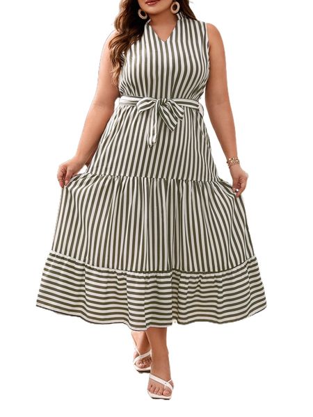 plus striped notched neck ruffle hem belted dress o1qu#, Black 
plus striped notched neck ruffle hem belted dress o1qu#, Black