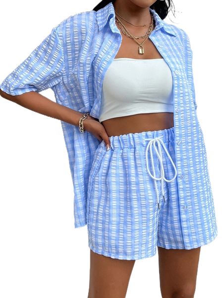 gingham print drop shoulder blouse & drawstring waist shorts m9ib#, White
gingham print drop shoulder blouse & drawstring waist shorts m9ib#, White