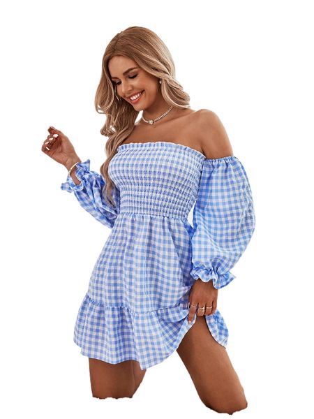 gingham off shoulder frill trim ruffle hem dress 62te#, Black;gray