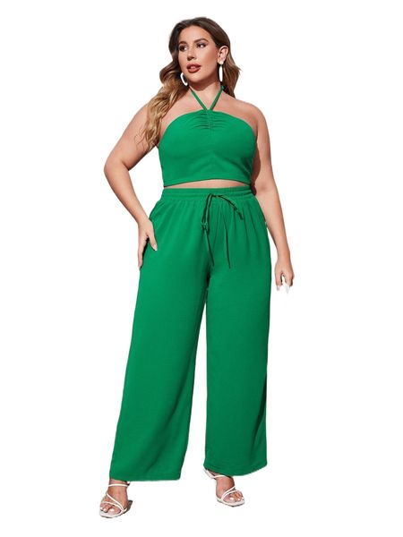 plus ruched halter & drawstring waist wide leg pants r6iv#, Black
plus ruched halter & drawstring waist wide leg pants r6iv#, Black