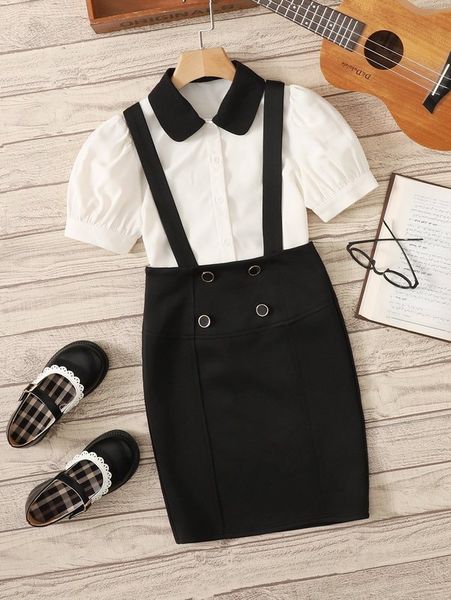 girls contrast collar blouse & double breasted detail overall skirt set she, White
girls contrast collar blouse & double breasted detail overall skirt set she, White