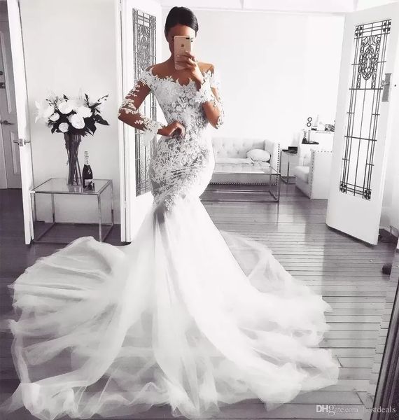 gorgeous lace mermaid wedding dresses illusion long sleeves sheer court train bridal gowns custom made bc14019, White
gorgeous lace mermaid wedding dresses illusion long sleeves sheer court train bridal gowns custom made bc14019, White