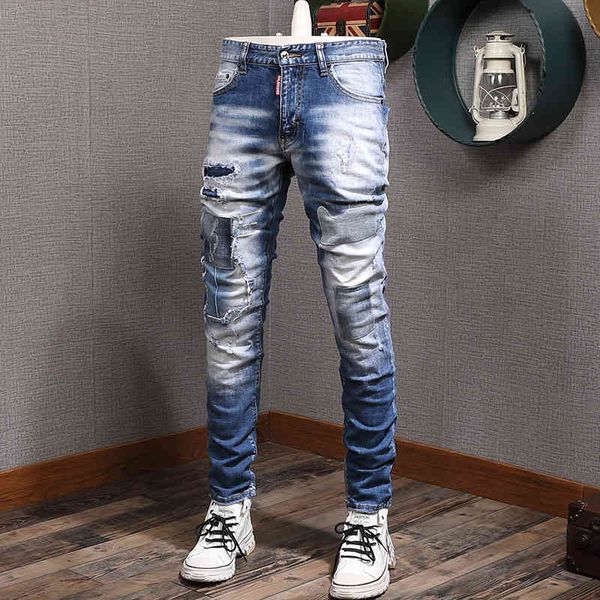 men's jeans european jeans with hole patch slim fitting washing trend micro elastic little feet fashion brand men's v66e, Blue
men's jeans european jeans with hole patch slim fitting washing trend micro elastic little feet fashion brand men's v66e, Blue