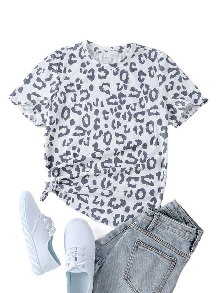 leopard print round neck tee q0na#, White