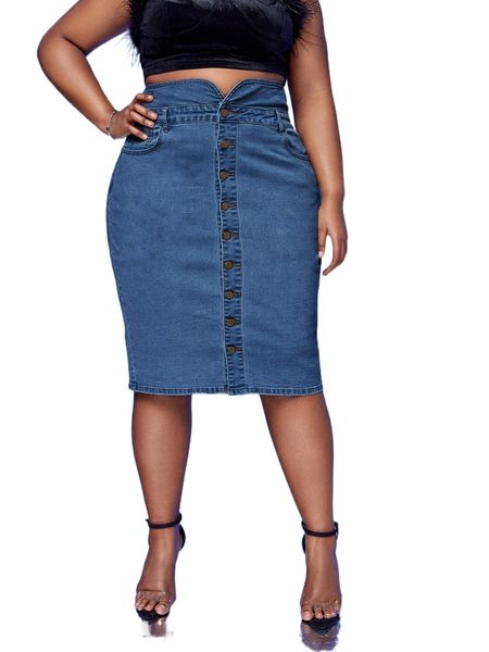plus high waist single breasted denim skirt q6uv#, Black