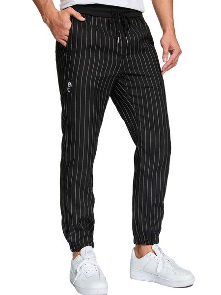 men drawstring waist striped pants q62a#, Black