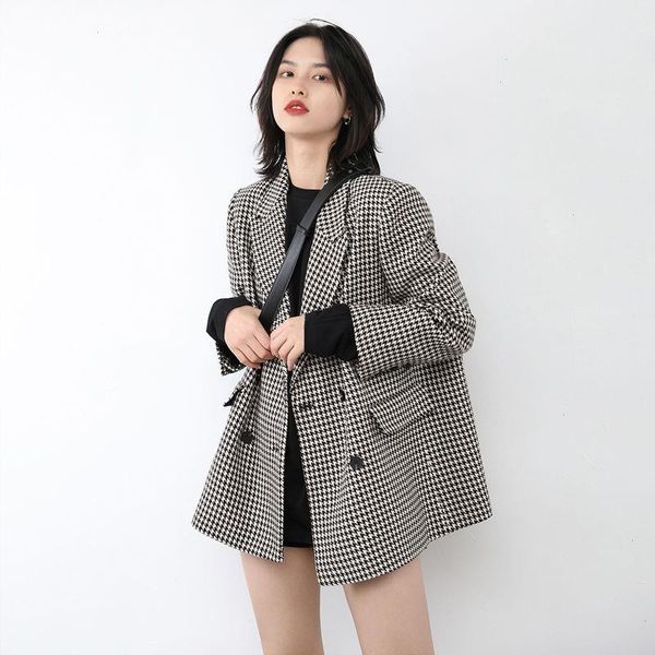autumn casual houndstooth blazer women long sleeve notched retro korean style elegant office lady outwear woolen, White;black