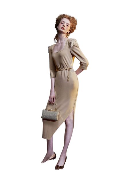 x jessica di michele square neck fringe detail split thigh dress without belt y2wf#, Black;gray
x jessica di michele square neck fringe detail split thigh dress without belt y2wf#, Black;gray