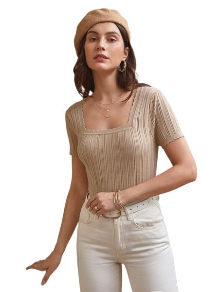 frenchy scallop trim square neck knit m1ev#, White;black 
frenchy scallop trim square neck knit m1ev#, White;black