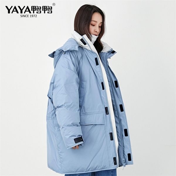 yaya white duck down jacket with detachable hat womens medium length loose thick warm down coat wear on both sides y201026, Black