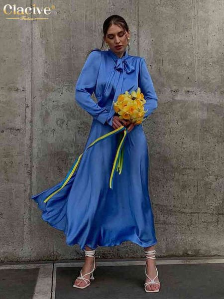clacive autumn blue satin dresses woman 2022 casual loose lace-up long sleeve midi dress elegant a-line high waist female dress t220804, Black;gray 
clacive autumn blue satin dresses woman 2022 casual loose lace-up long sleeve midi dress elegant a-line high waist female dress t220804, Black;gray