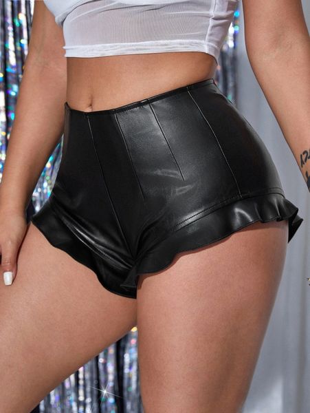 zip back ruffle hem patent shorts u1qa#, White;black