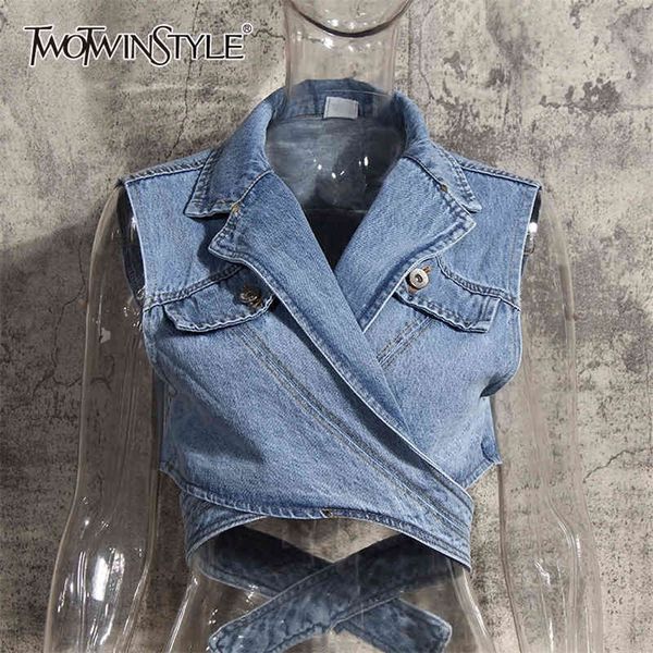 twotwinstyle casual short cross denim jacket for women lapel sleeveless solid jackets female fashion clothing stylish 210517, Black;white
twotwinstyle casual short cross denim jacket for women lapel sleeveless solid jackets female fashion clothing stylish 210517, Black;white