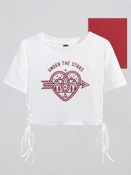 x dooom arrow & letter graphic lace up side crop tee l548#, White