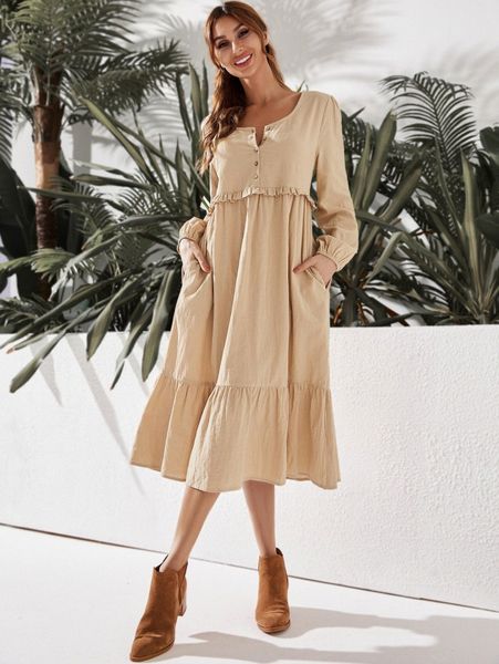 luukse half button frill trim lantern sleeve smock dress s4sn#, Black;gray