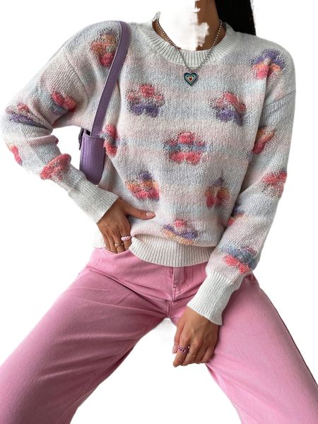 floral pattern drop shoulder sweater g6jw#, White;black