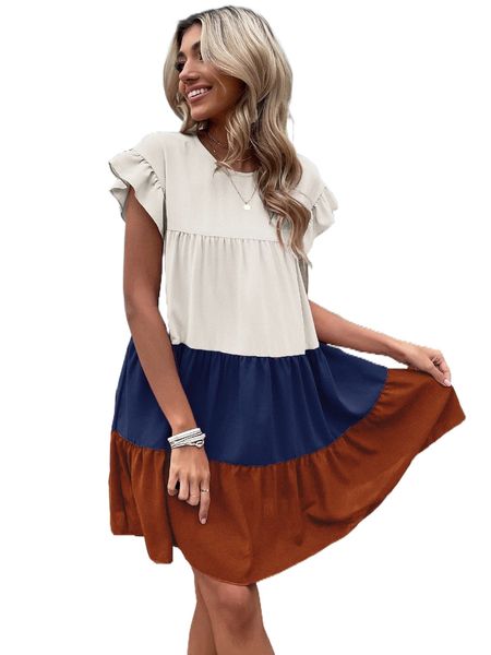 color block flounce sleeve ruffle hem smock dress c0fj#, Black;gray
color block flounce sleeve ruffle hem smock dress c0fj#, Black;gray