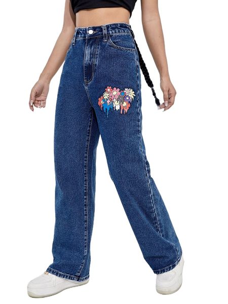high waist floral print straight jeans 13br#, Blue
high waist floral print straight jeans 13br#, Blue