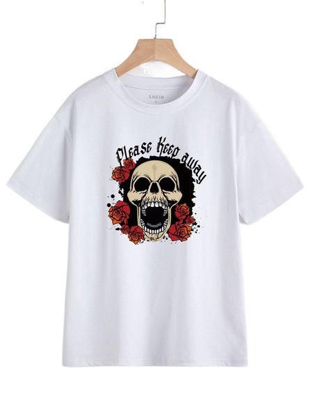 skull & floral print drop shoulder tee d6vc#, White