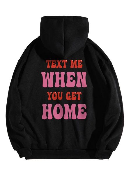 slogan graphic kangaroo pocket drawstring thermal hoodie t7c3#, Black 
slogan graphic kangaroo pocket drawstring thermal hoodie t7c3#, Black