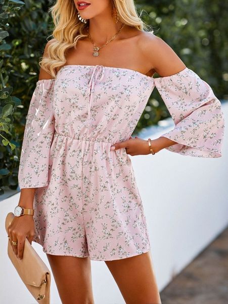floral print tie front off shoulder romper p8rb#, Black;white